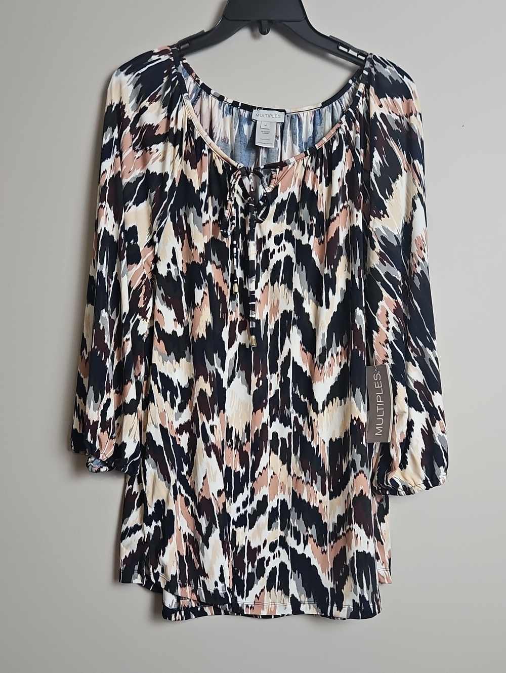 Multiples 3/4 Sleeve Round Split-Neck Tunic: Color- Multi Color Print: Size- 1X